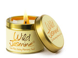 Wild Jasmine scented tin candle by Lily-Flame featuring a decorative metal tin with a floral label and wick for home fragrance.