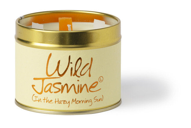 Wild Jasmine scented tin candle by Lily-Flame, featuring a decorative metal container with a floral design and lit wick.