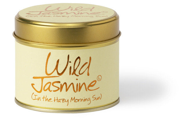 Lily-Flame Wild Jasmine scented tin candle with floral label and metallic lid, perfect for home decor and fragrance.