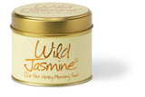 Lily-Flame Wild Jasmine scented tin candle with floral label and metallic lid, perfect for home decor and fragrance.