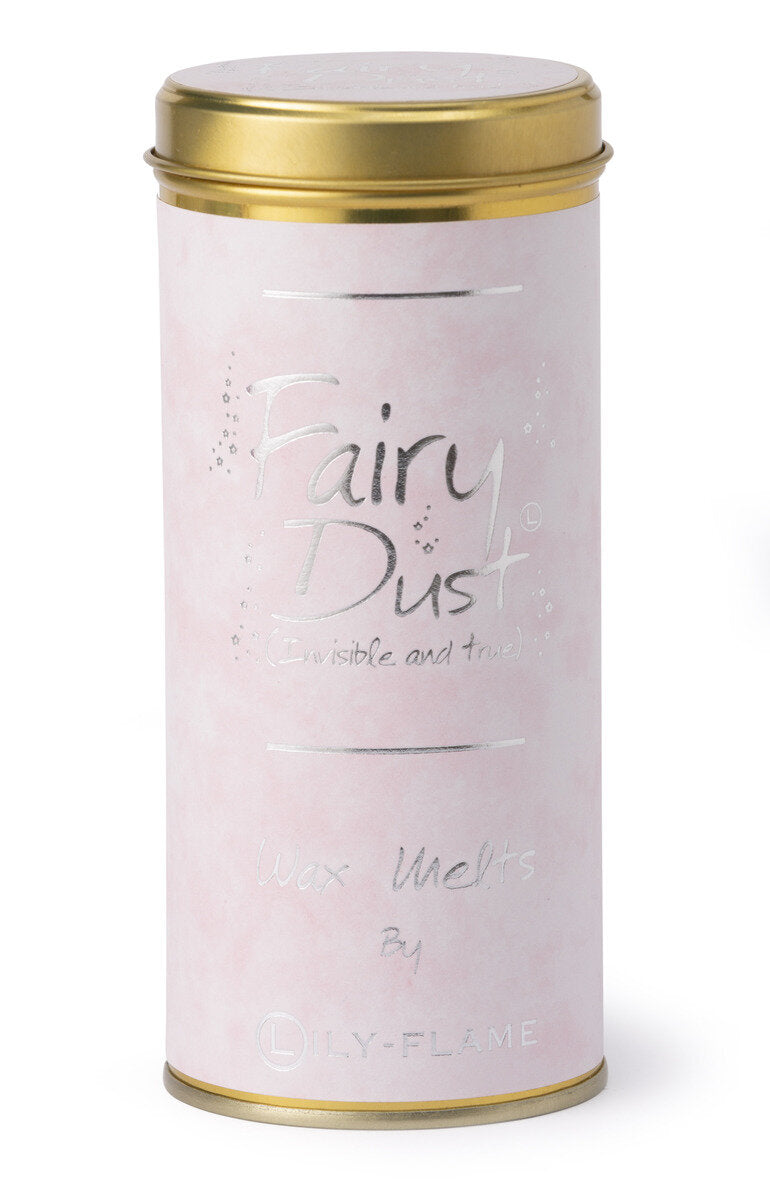 Lily-Flame Fairy Dust Wax Melts in a container, showcasing colorful wax pieces designed for fragrance diffusion.