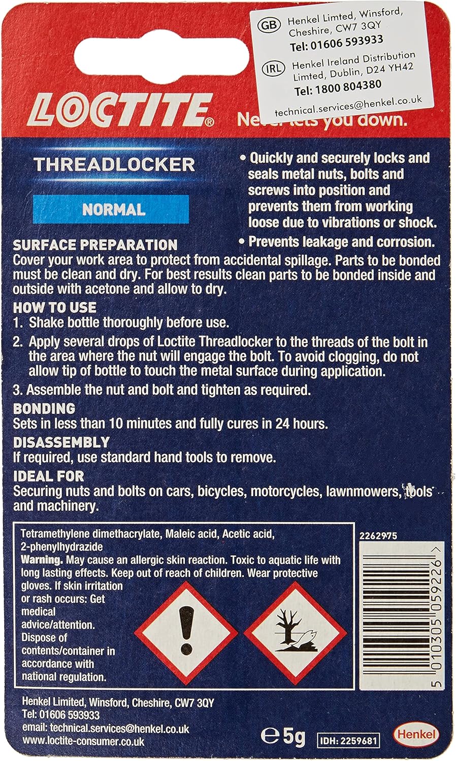 Loctite Thread Locker 5g adhesive sealant tube for securing and locking threaded fasteners in industrial and household use.