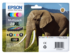 Epson 24 Elephant Black Cyan Light Cyan Light Magenta Magenta Yellow Standard Capacity Ink Multipack 5.1ml + 5 x 4.6ml (Pack 6) - C13T24284011