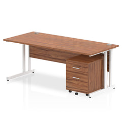 Impulse Cantilever Straight Office Desk W1800 x D800 x H730mm Walnut Finish White Frame With 2 Drawer Mobile Pedestal - I003933 DD