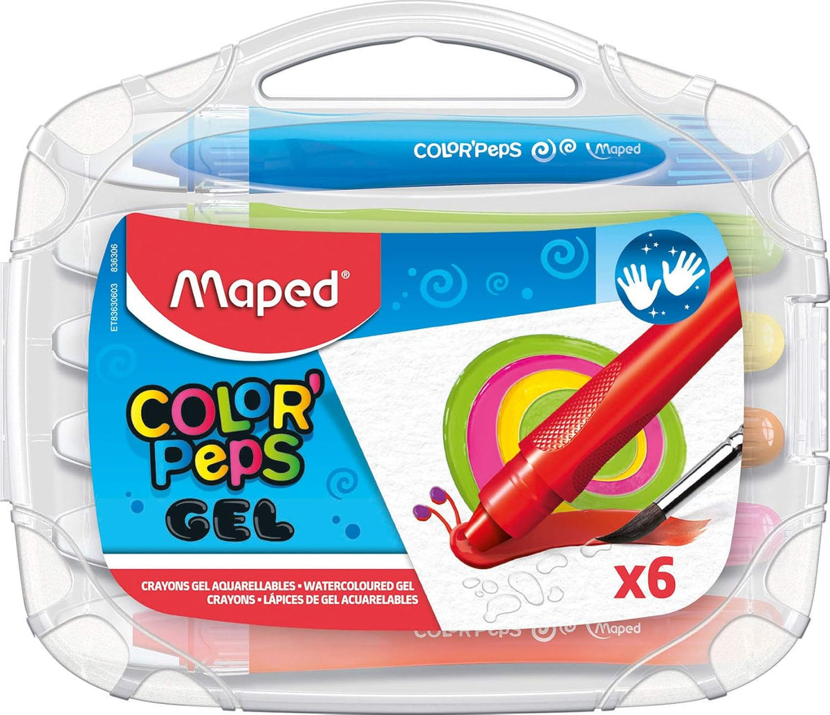 Set of six Maped Color'Peps Gel Crayons with vibrant colors, ideal for smooth, bright coloring and artistic projects.