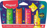 Set of four Maped Pixel Party Mini Highlighters with colorful caps and bodies, ideal for highlighting in notebooks and documents.