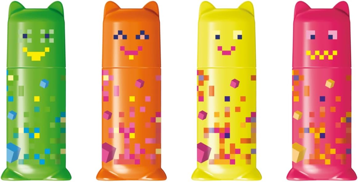 Set of four Maped Pixel Party Mini Highlighters with colorful caps and tips for highlighting and color-coding notes.