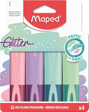 Set of four Maped pastel glitter highlighters with colorful caps, featuring pastel-colored ink for vibrant highlighting.