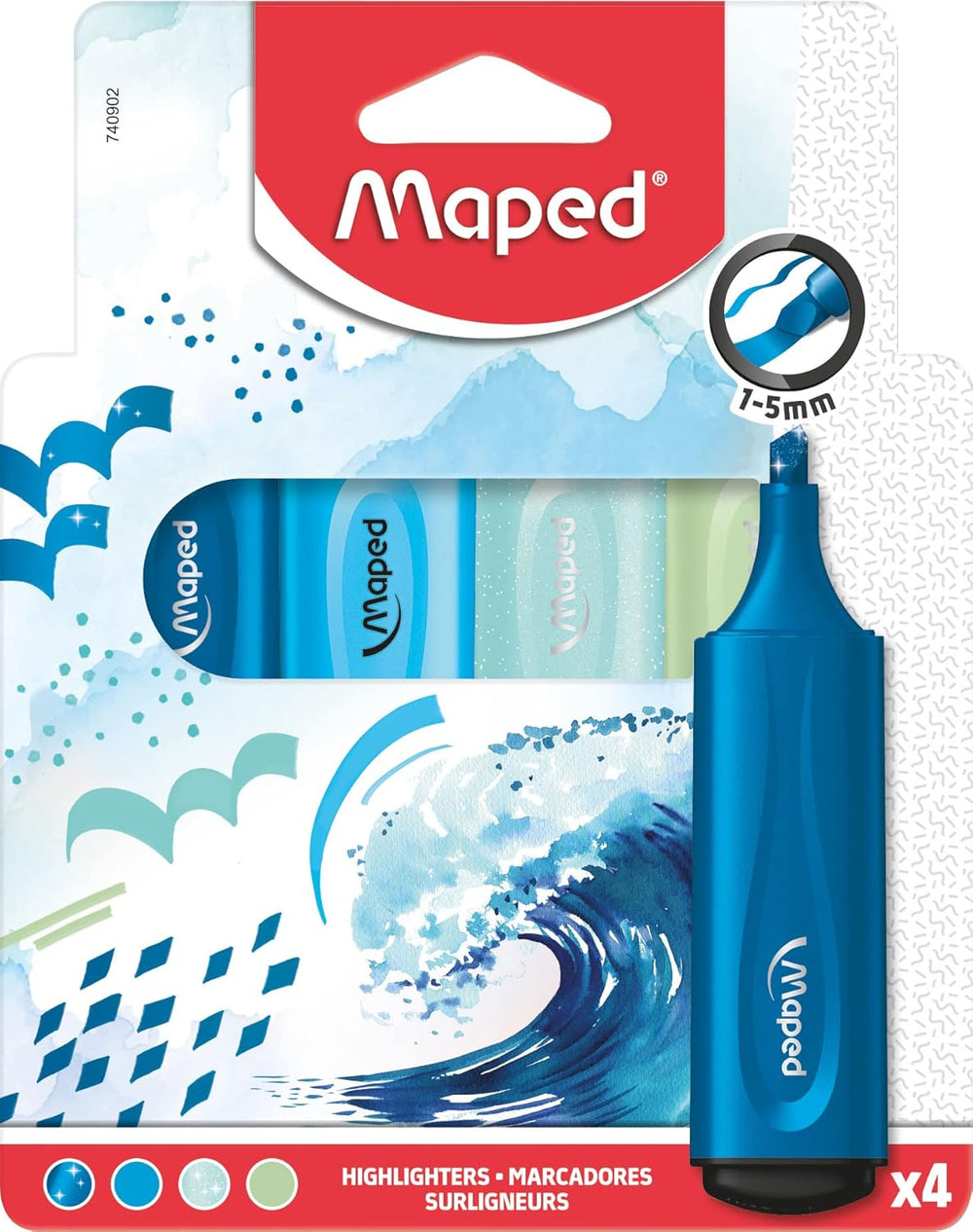 Set of four Maped themed highlighters in assorted colors, featuring vibrant ink and ergonomic design for highlighting and marking text.