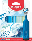 Set of four Maped themed highlighters in assorted colors, featuring vibrant ink and ergonomic design for highlighting and marking text.