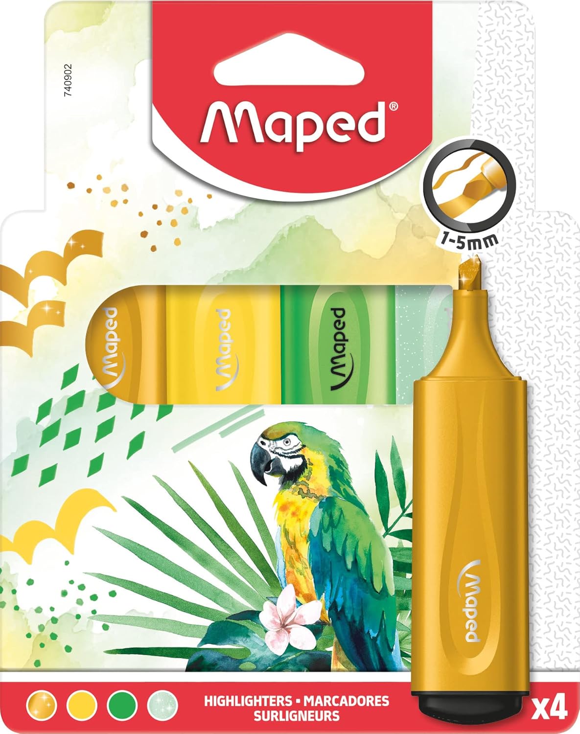 Set of four Maped themed highlighters in bright colors, ideal for marking text and notes in notebooks or textbooks.