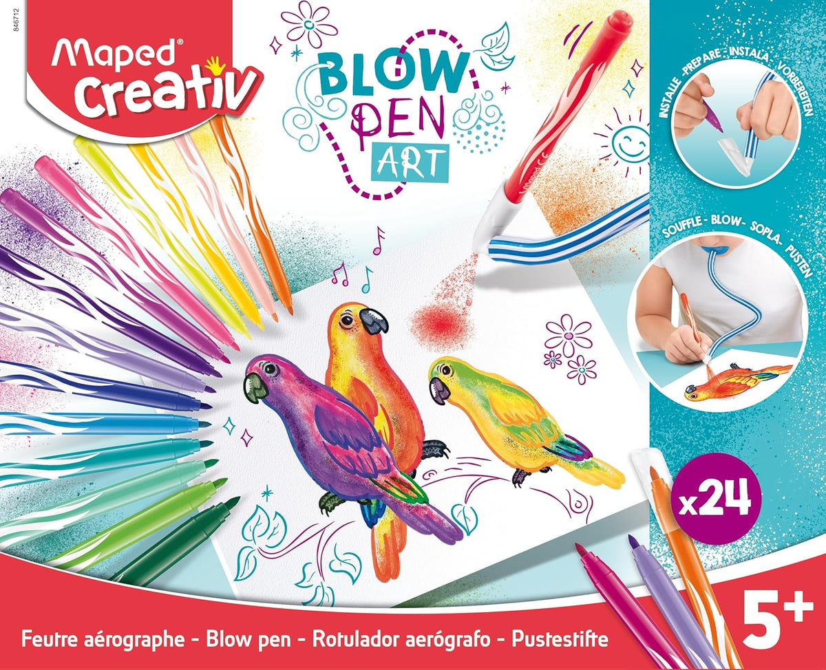 Maped Creativ Blow Art Kit with 24 felt tip markers and 2 airbrush tools, ideal for creative art projects and drawing.