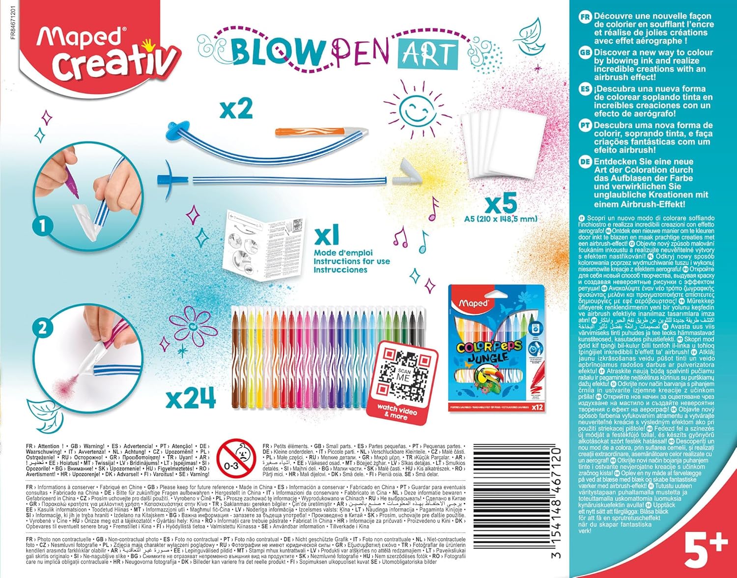 Maped Creativ Blow Art Kit featuring 24 felt tip markers and 2 airbrush tools for creative drawing and art projects.