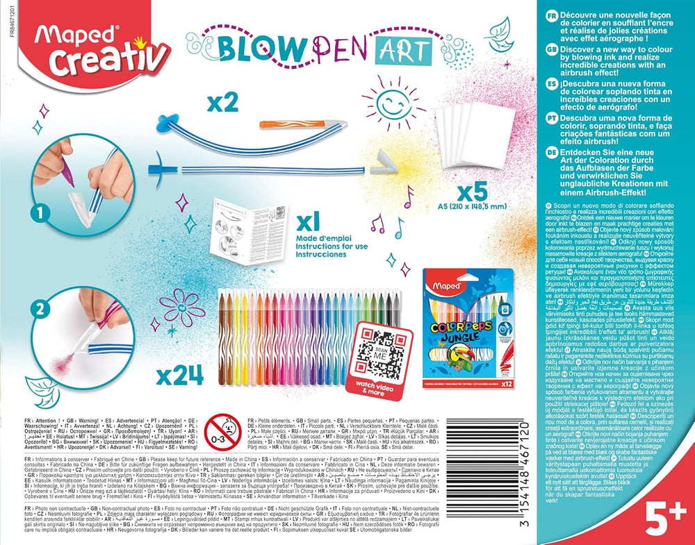 Maped Creativ Blow Art Kit featuring 24 felt tip markers and 2 airbrush tools for creative drawing and art projects.