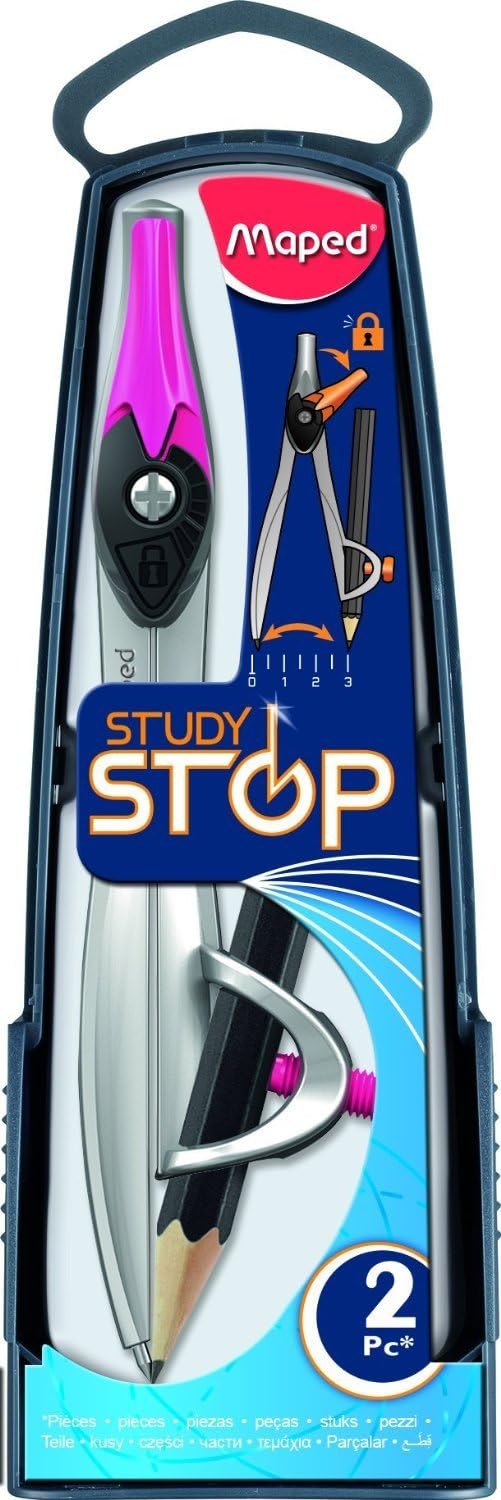 Maped Study Stop Compass from Maped maths sets, featuring a metal compass with adjustable legs and a pencil holder for precise drawing.