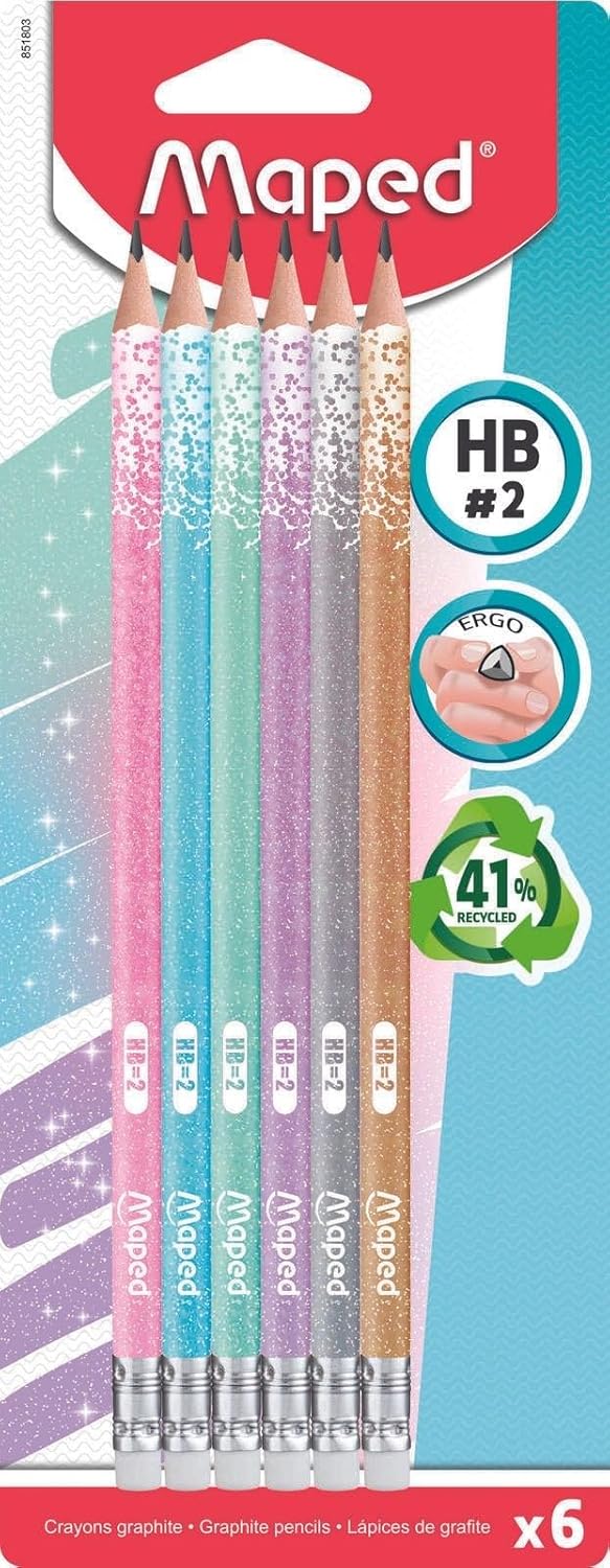 Maped Black'Peps glitter-tipped graphite pencils with erasers, showcasing their colorful, glittery accents and pencil tips.