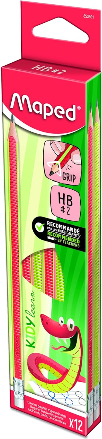 Set of 12 Maped Kidy Learn pencils with ergonomic grips, ideal for young students learning to write.