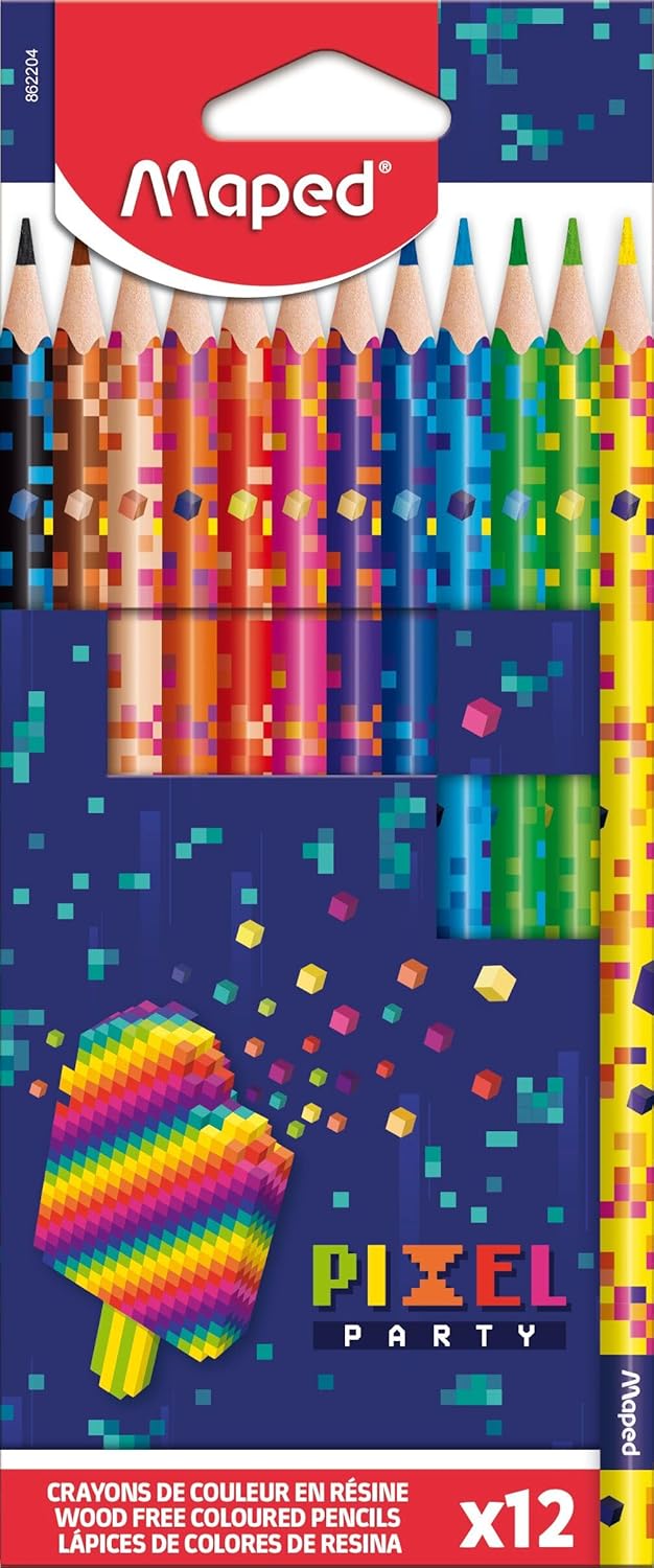 Set of 12 Maped Pixel Party coloured pencils showing vibrant, sharpened wooden pencils with colorful tips for drawing and coloring.