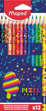 Set of 12 Maped Pixel Party coloured pencils showing vibrant, sharpened wooden pencils with colorful tips for drawing and coloring.