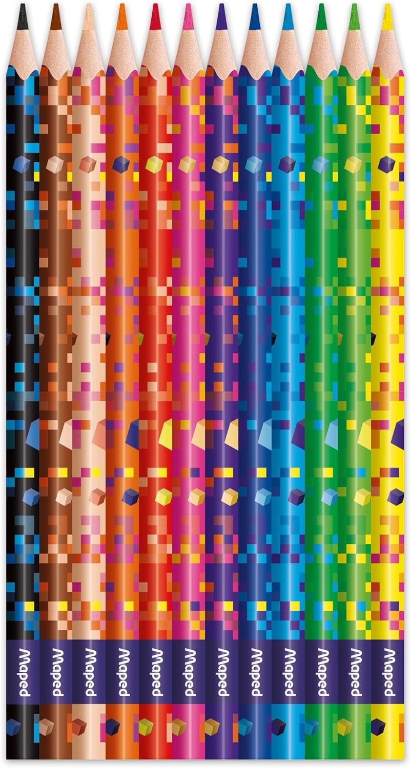 Maped Pixel Party coloured pencils set with 12 vibrant pencils, ideal for drawing and coloring projects.