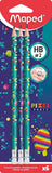 Set of six Maped Pixel Party eraser-tipped graphite pencils, ideal for writing and drawing with colorful eraser tops.