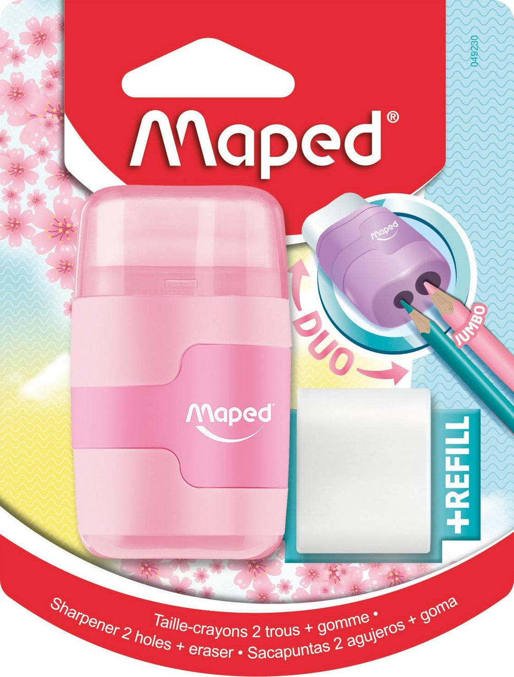 Maped Duo Connect pastel pencil sharpener with built-in eraser, compact and easy to use for school and art supplies.