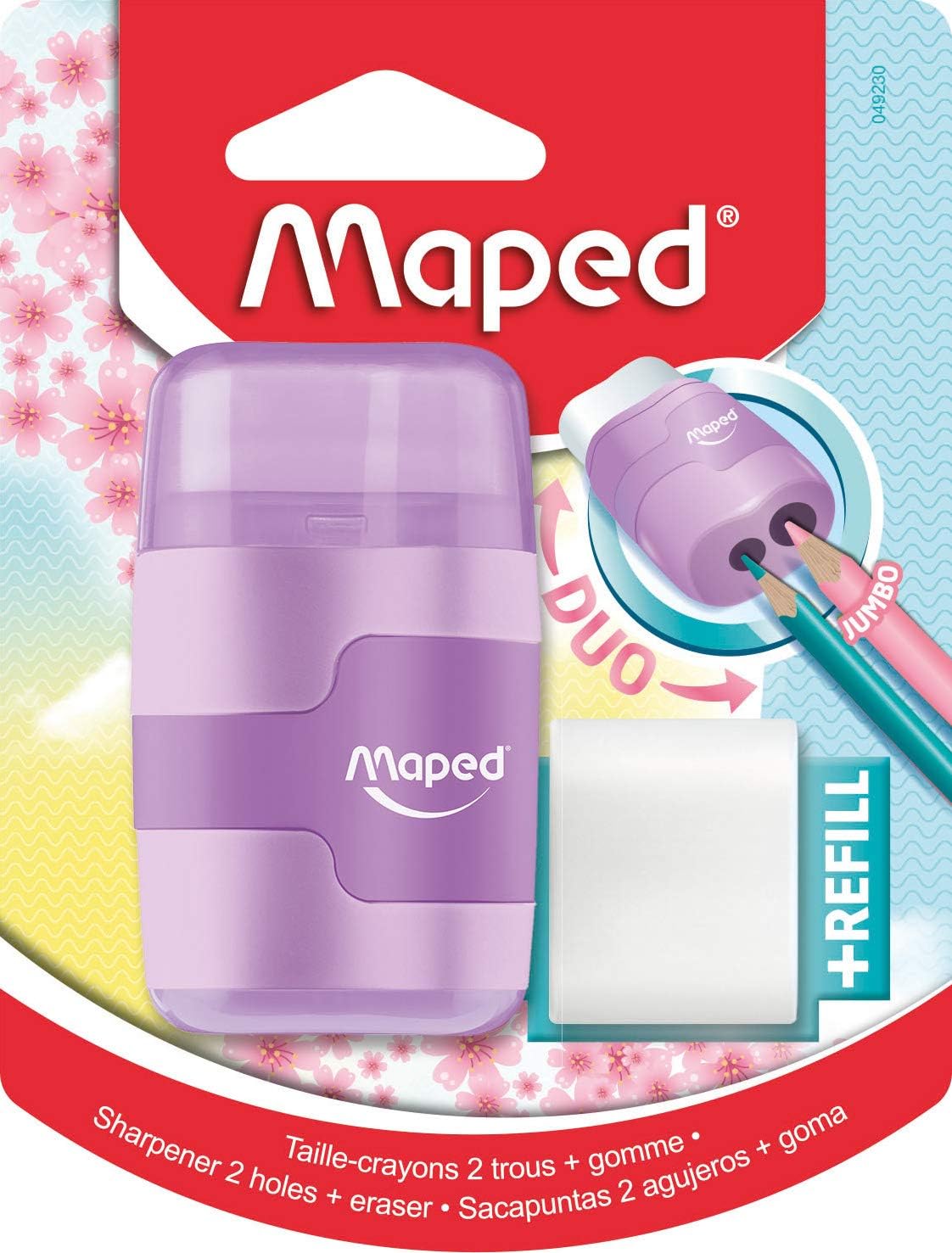 Maped Duo Connect pastel pencil sharpener with integrated eraser, compact and colorful for easy sharpening and erasing.