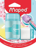 Maped Duo Connect pastel pencil sharpener with attached eraser, compact and easy to use for school or art supplies.