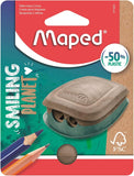 Maped Smiling Planet 2-hole pencil sharpener, colorful plastic sharpener with smiling planet design for pencils.