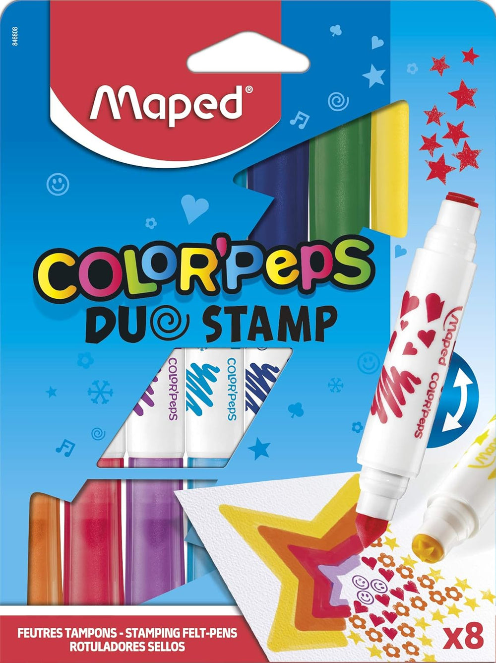 Maped Color’peps Duo Stamp Pens showing 8 double-ended coloring and stamp markers in various colors on a white background.