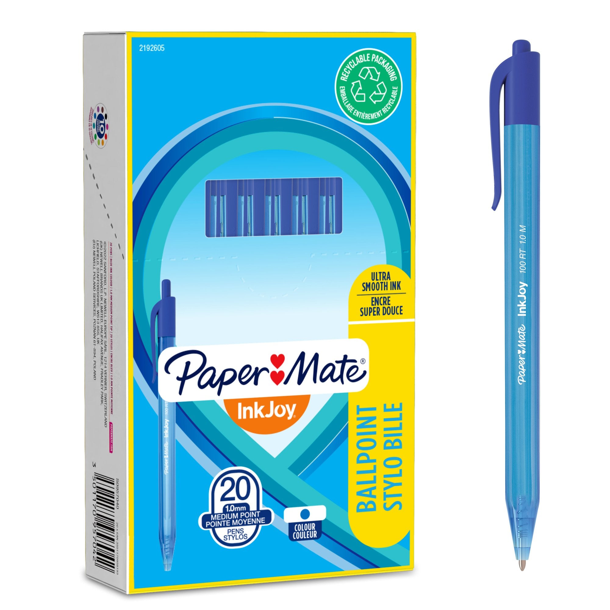 Paper Mate InkJoy 100 Retractable Ballpoint Pen 1.0mm Tip 0.7mm Line Blue (Pack 20) - S0957040