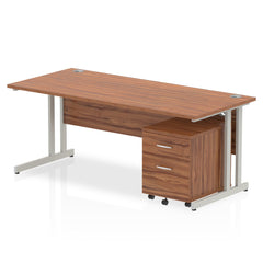Impulse Cantilever Straight Office Desk W1800 x D800 x H730mm Walnut Finish Silver Frame With 2 Drawer Mobile Pedestal - MI000961 DD