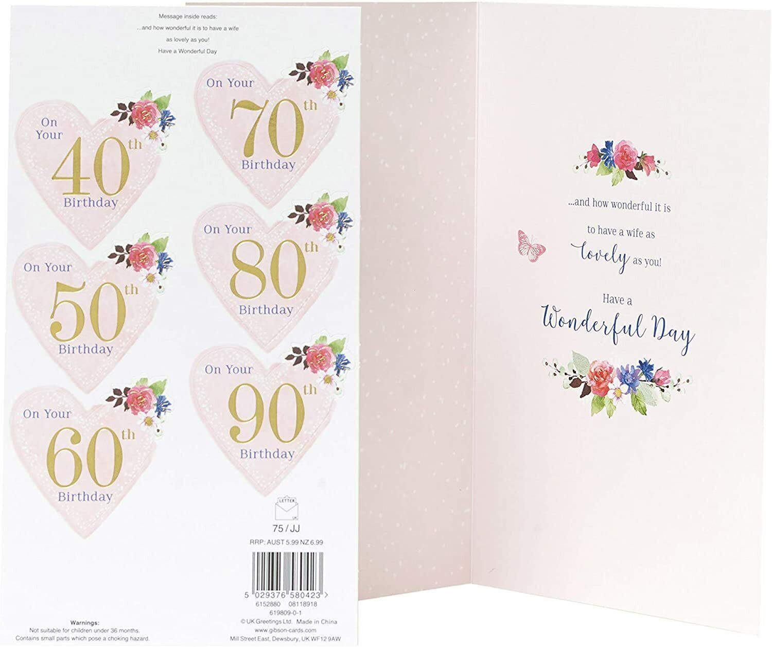 Wife Birthday Card Personalised Age: Choose from 40th to 90th