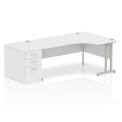 Dynamic Impulse 1800mm Right Crescent Desk White Top Silver Cantilever Leg Workstation 800mm Deep Desk High Pedestal Bundle I000578 DD