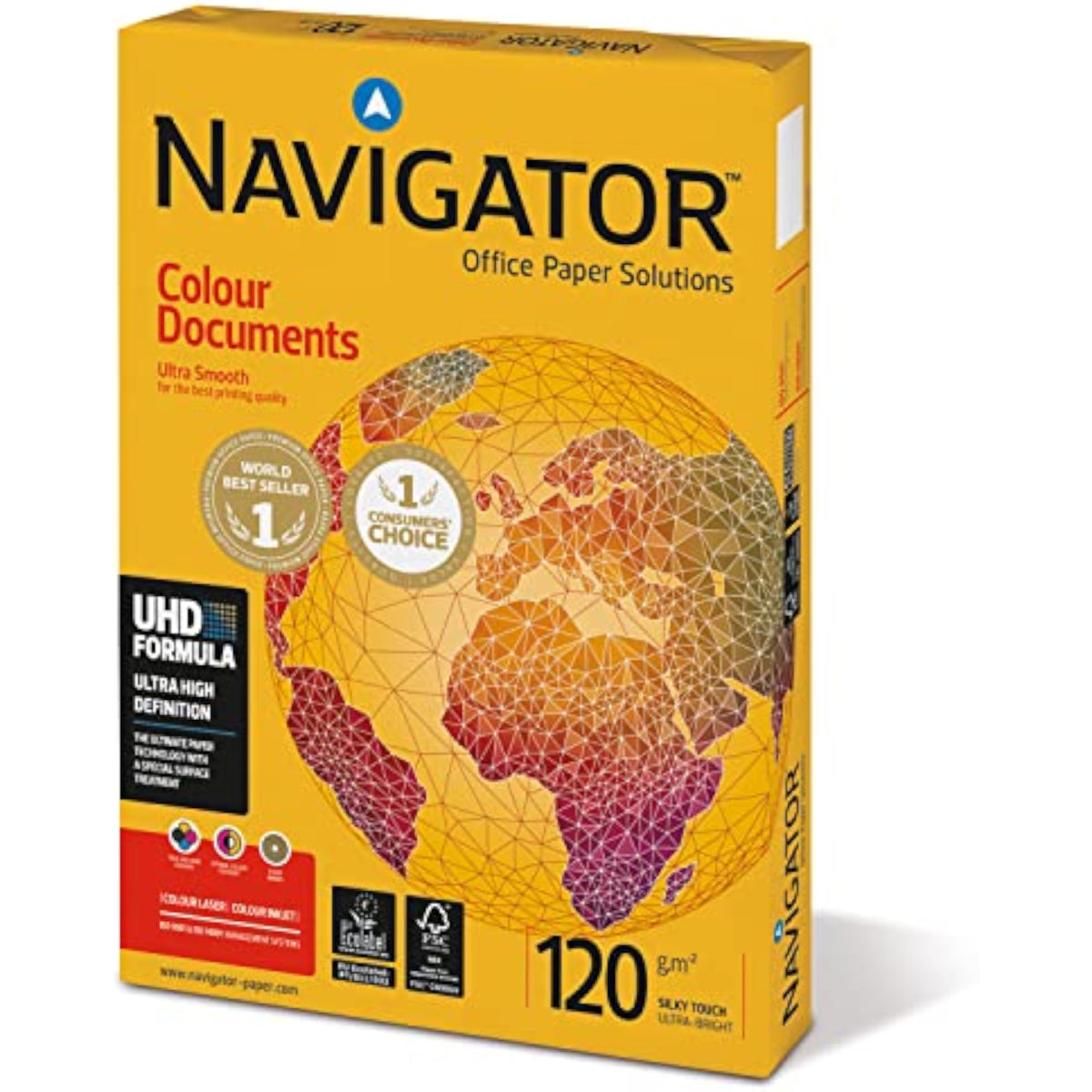 A4 Navigator Colour Documents copier paper in 120gsm, 250 sheets, showing bright colored sheets stacked for printing or copying.