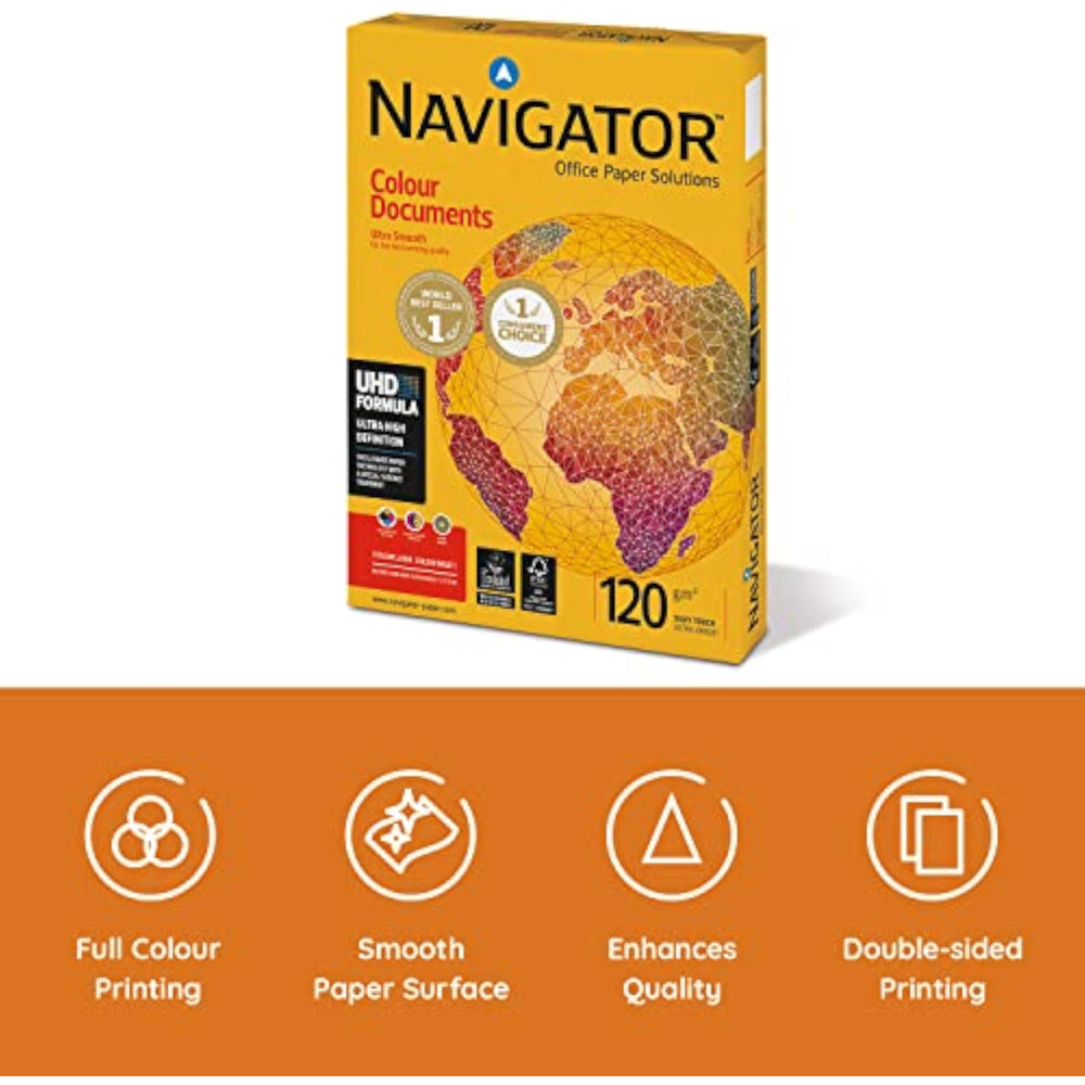 A stack of Navigator Colour Documents A4 copier paper, 120gsm, with 250 sheets, showing white paper sheets on a flat surface.