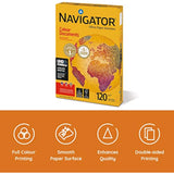 A stack of Navigator Colour Documents A4 copier paper, 120gsm, with 250 sheets, showing white paper sheets on a flat surface.
