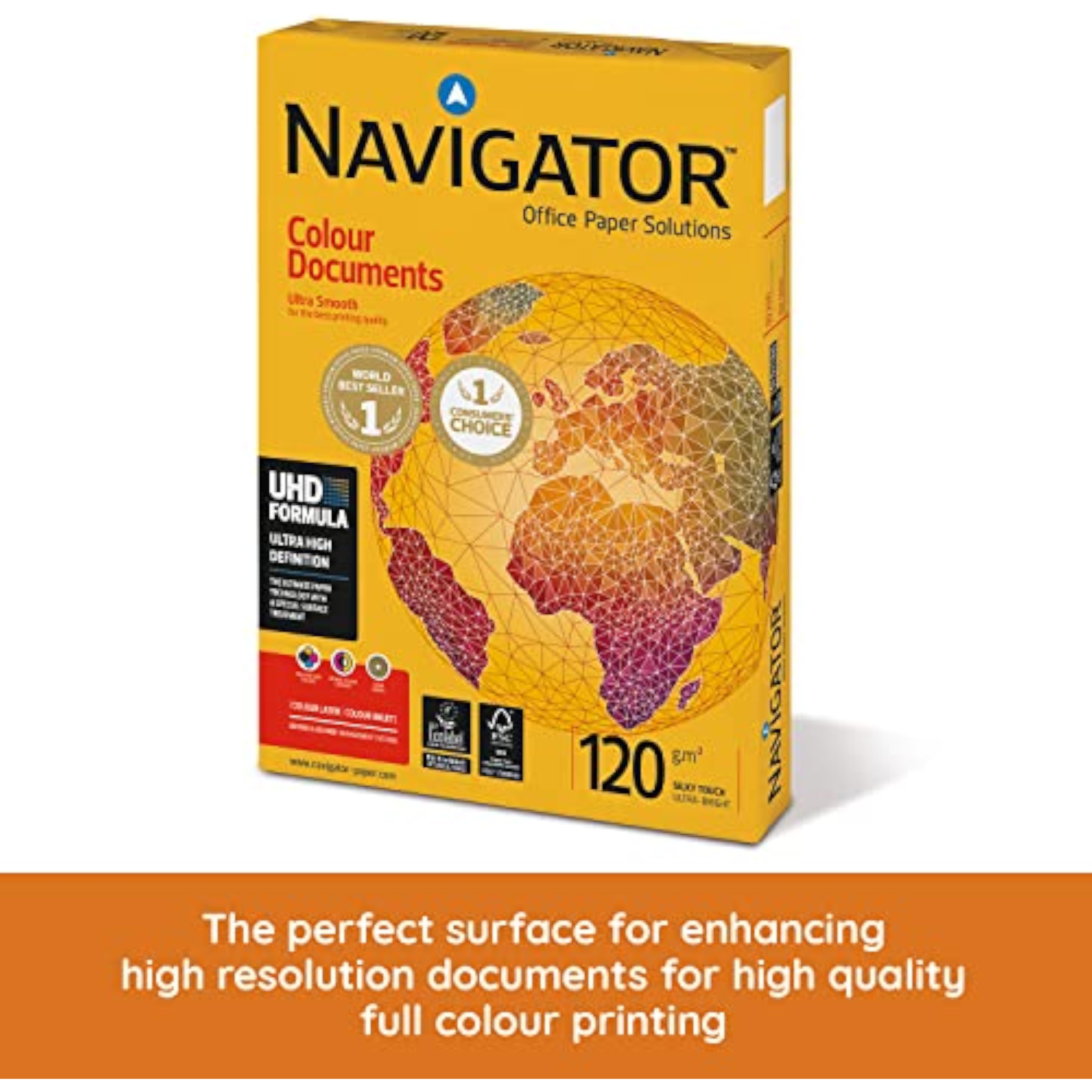 A stack of Navigator Colour Documents A4 copier paper, 120gsm, 250 sheets, showing colorful paper sheets on a clean surface.
