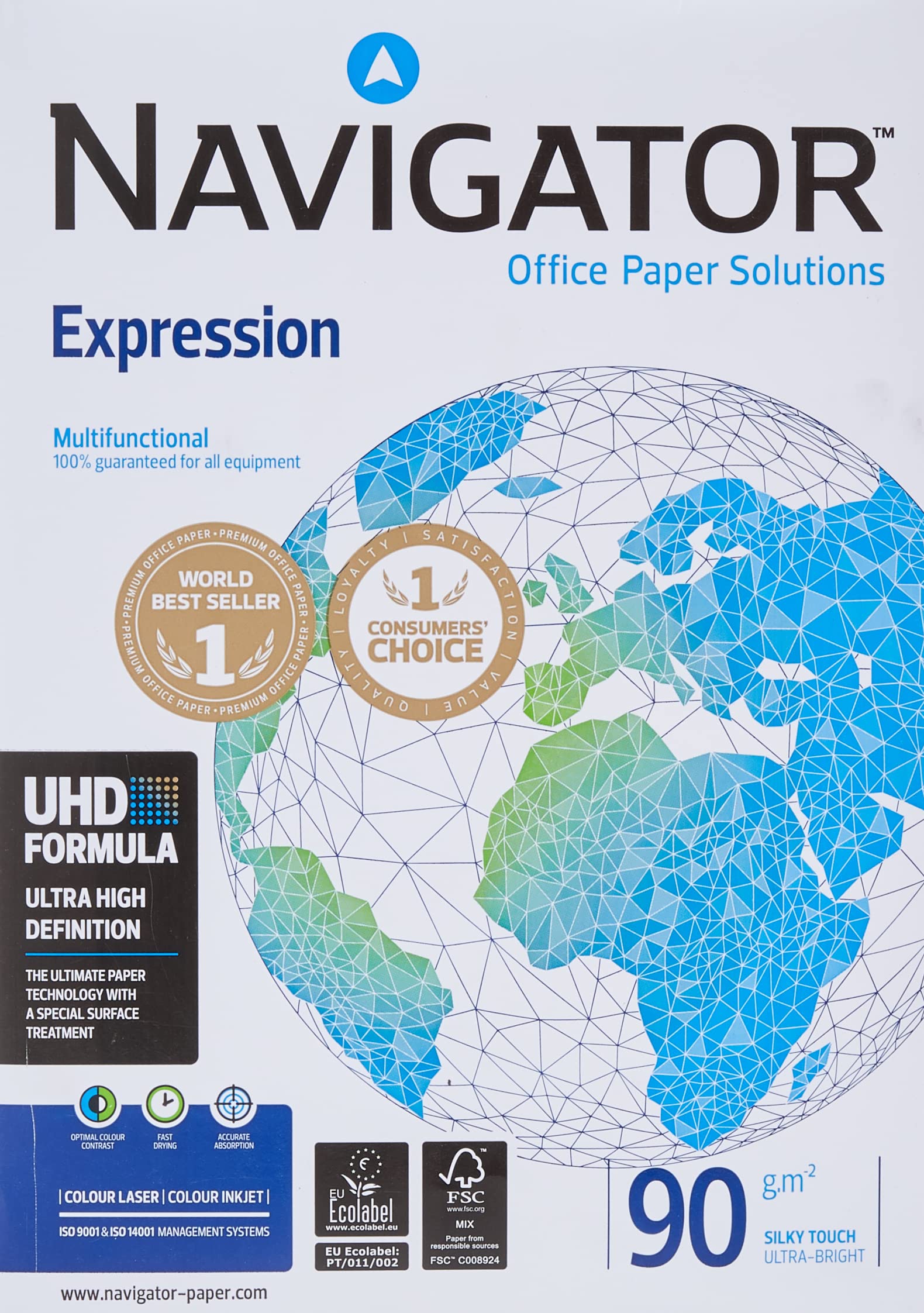 Navigator Expression A4 copier paper in 90gsm, 500 sheets ream, white printer and copier paper for office use.