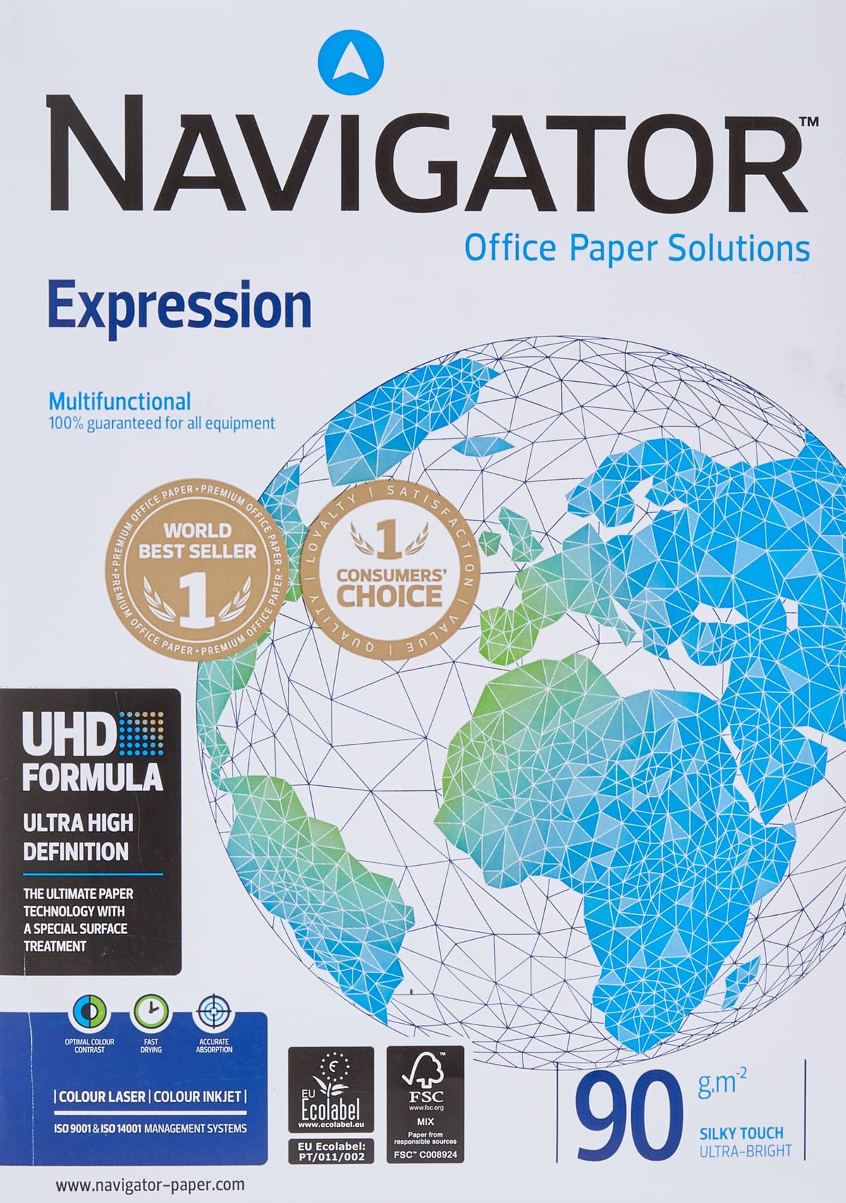 Navigator Expression A4 copier paper in 90gsm, 500 sheets ream, white printer and copier paper for office use.