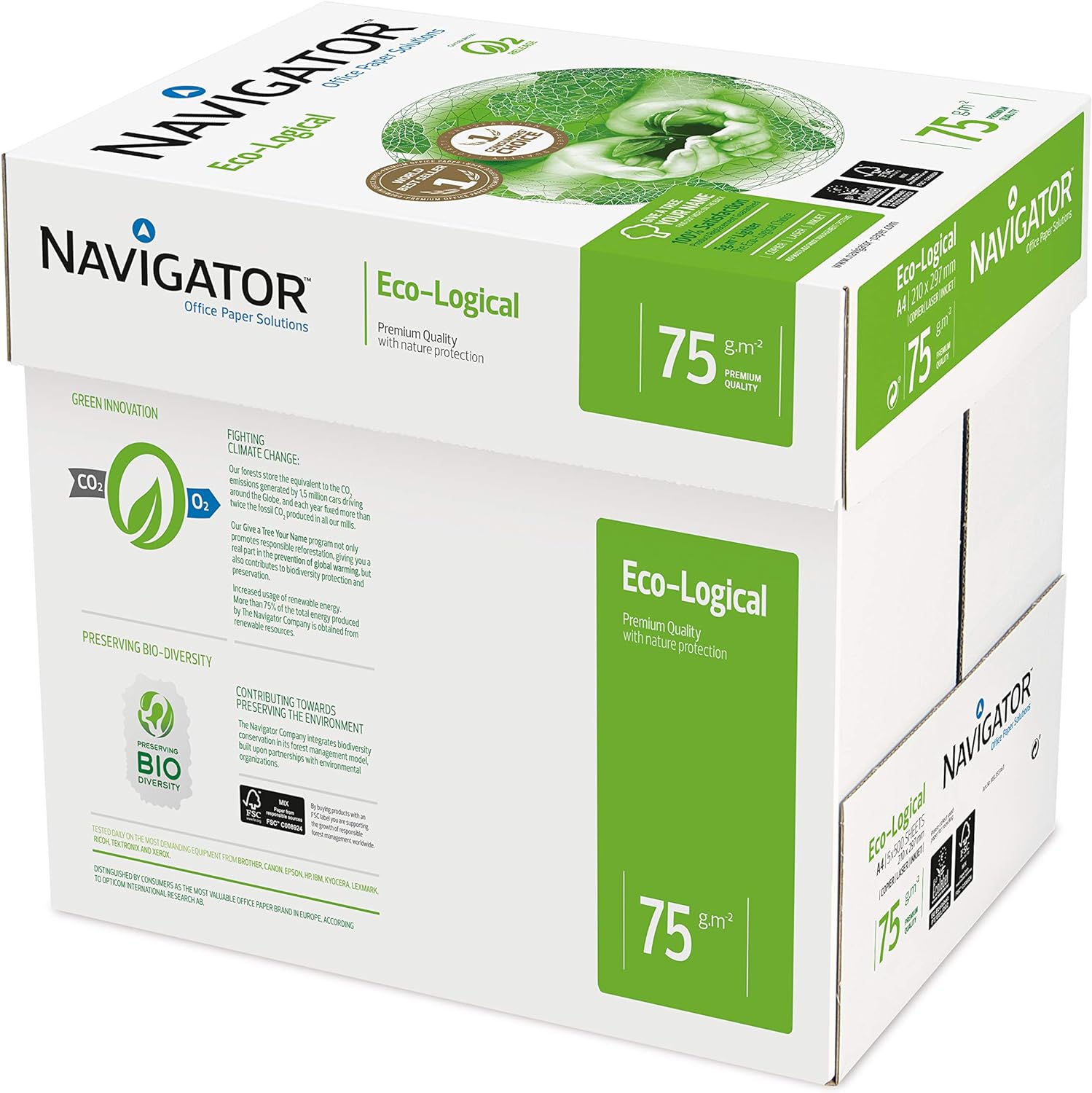 Navigator Ecological A4 Copier Paper, 75gsm, box of 5 reams, 2,500 sheets, eco-friendly printing paper