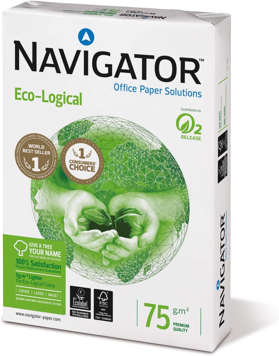Navigator Ecological A4 copier paper, 75gsm, box of 5 reams, 2,500 sheets, environmentally friendly bulk pack