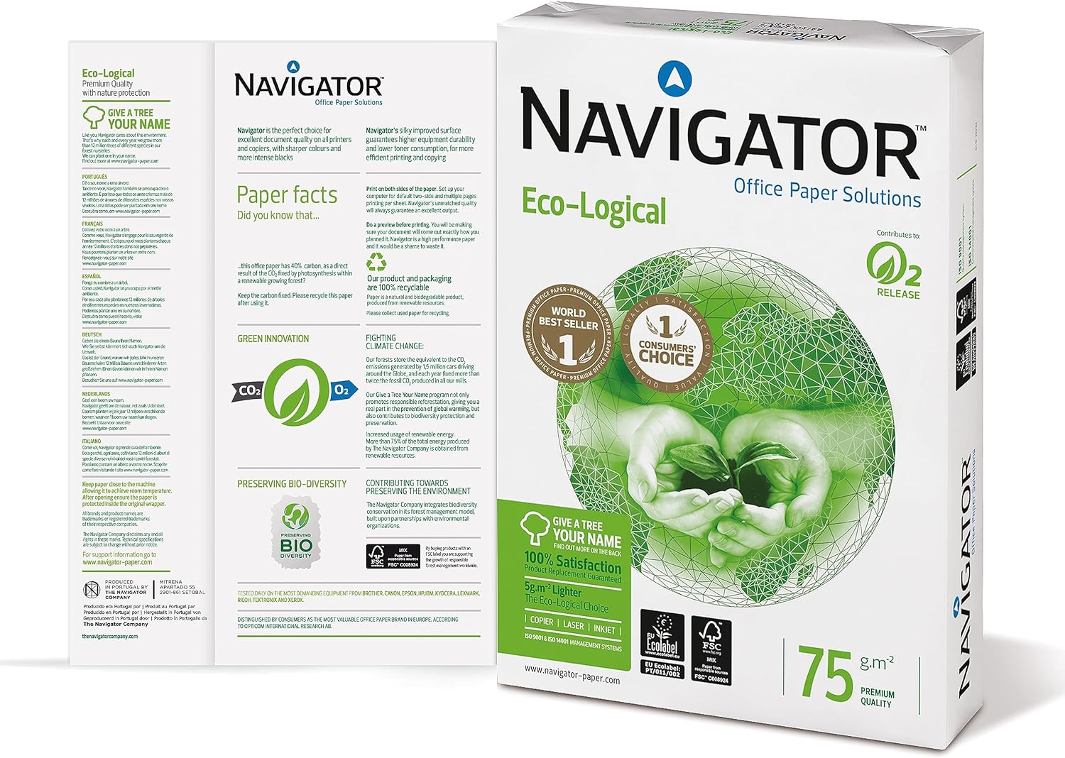 Navigator Ecological A4 copier paper, 75gsm, box of 5 reams, 2,500 sheets, eco-friendly printing paper in pack of five.