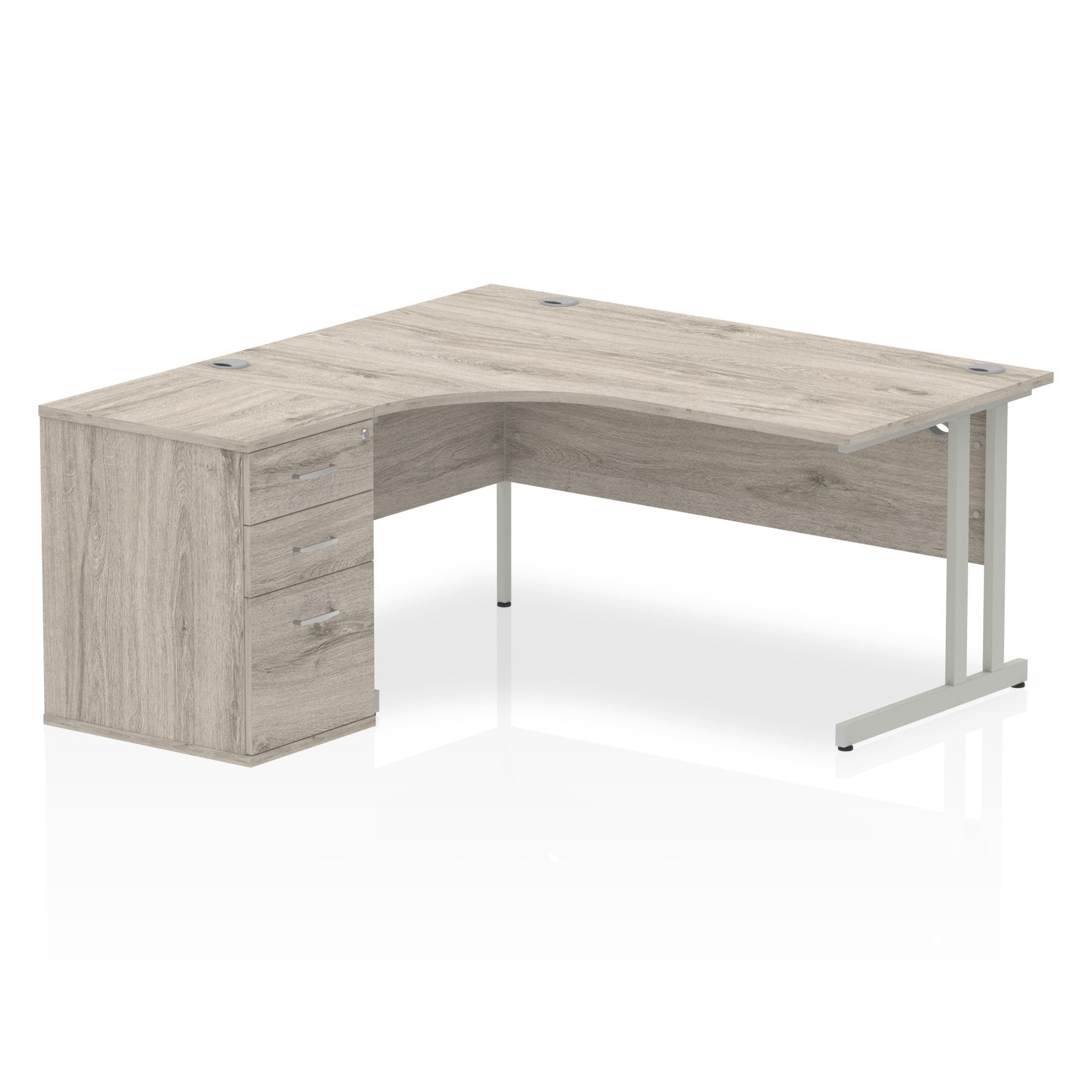 Dynamic Impulse 1600mm Left Crescent Desk Grey Oak Top Silver Cantilever Leg Workstation 600mm Deep Desk High Pedestal Bundle I003171 DD
