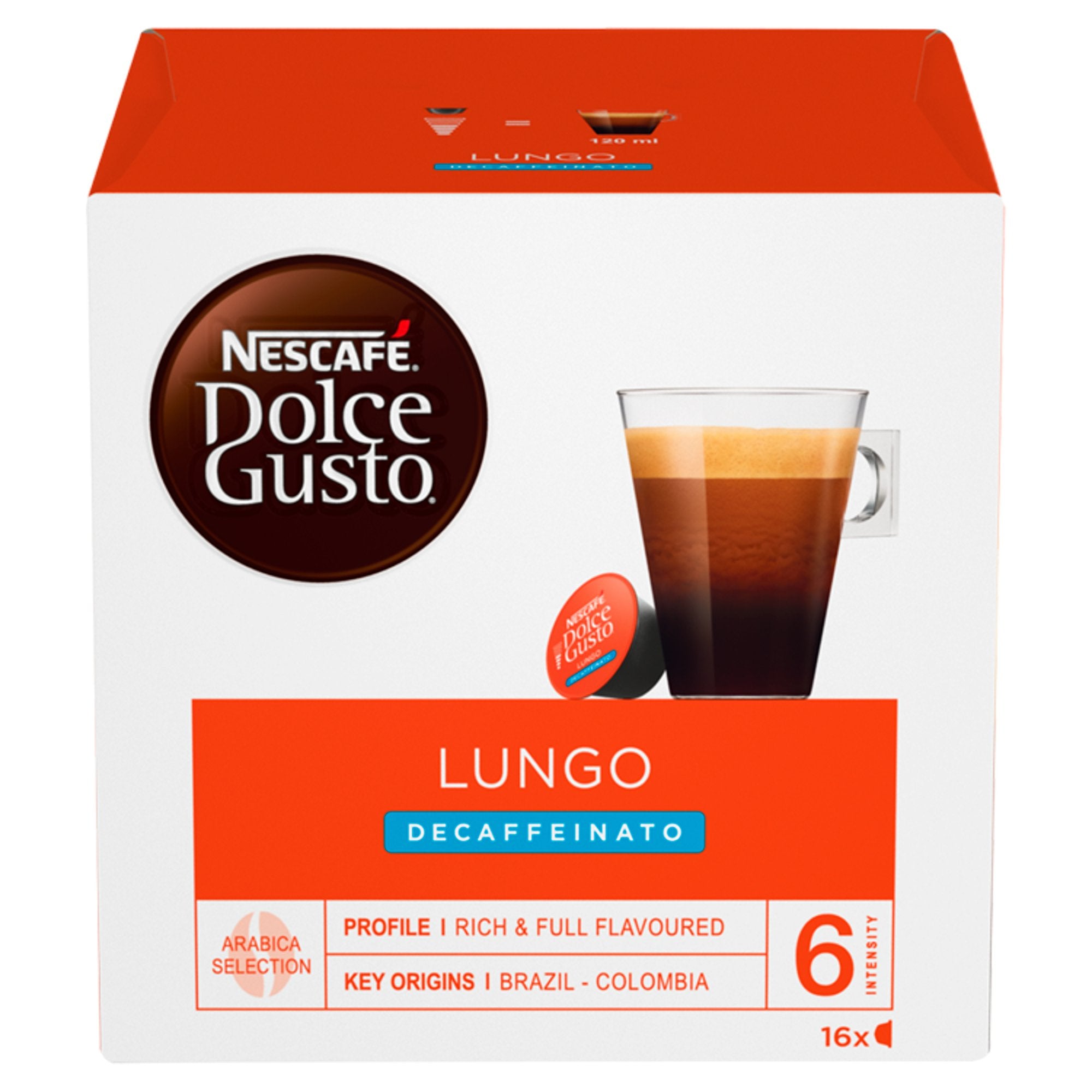 Nescafe Dolce Gusto Decaffeinated Cafe Lungo Coffee 16 Capsules (Pack 3) - 12219256