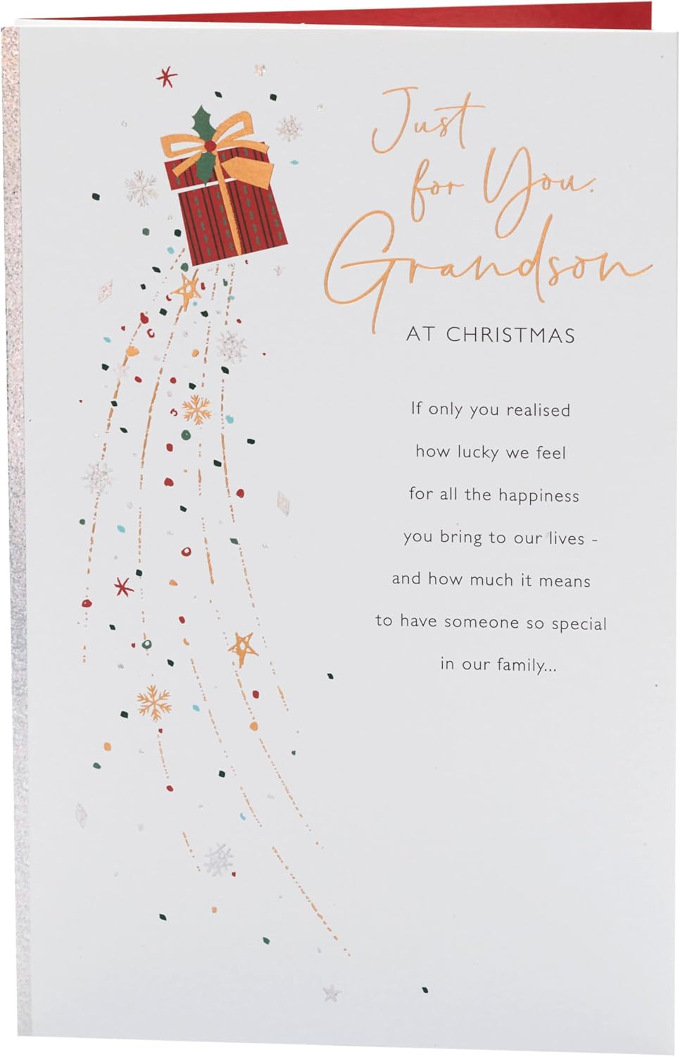 Festive Christmas Card for Grandson – Present & Snowflake Illustration