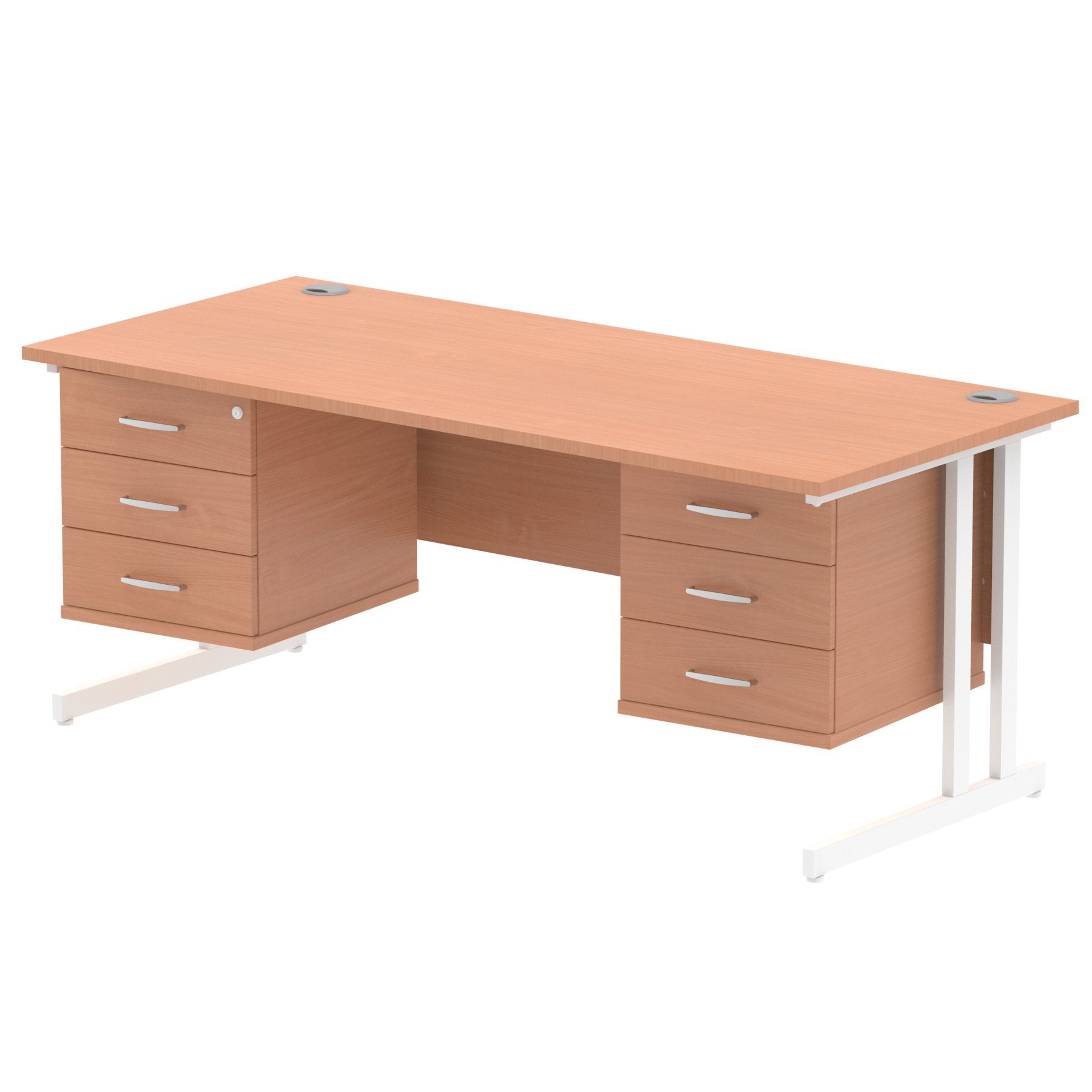 Dynamic Impulse W1800 x D800 x H730mm Straight Office Desk Cantilever Leg With 2x3 Drawer Double Fixed Pedestal Beech Finish White Frame - MI001719 DD