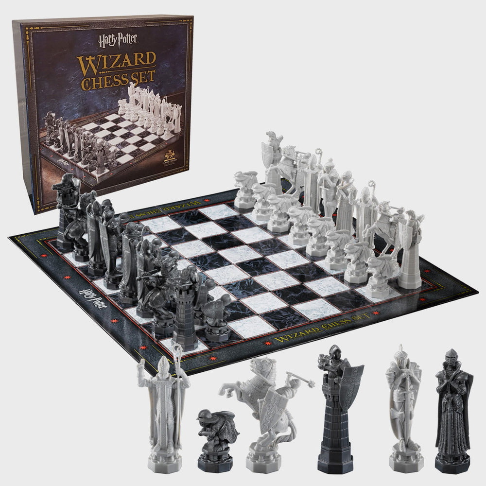 Harry Potter Wizard Chess Set by Noble Collection featuring detailed chess pieces from the magical game.