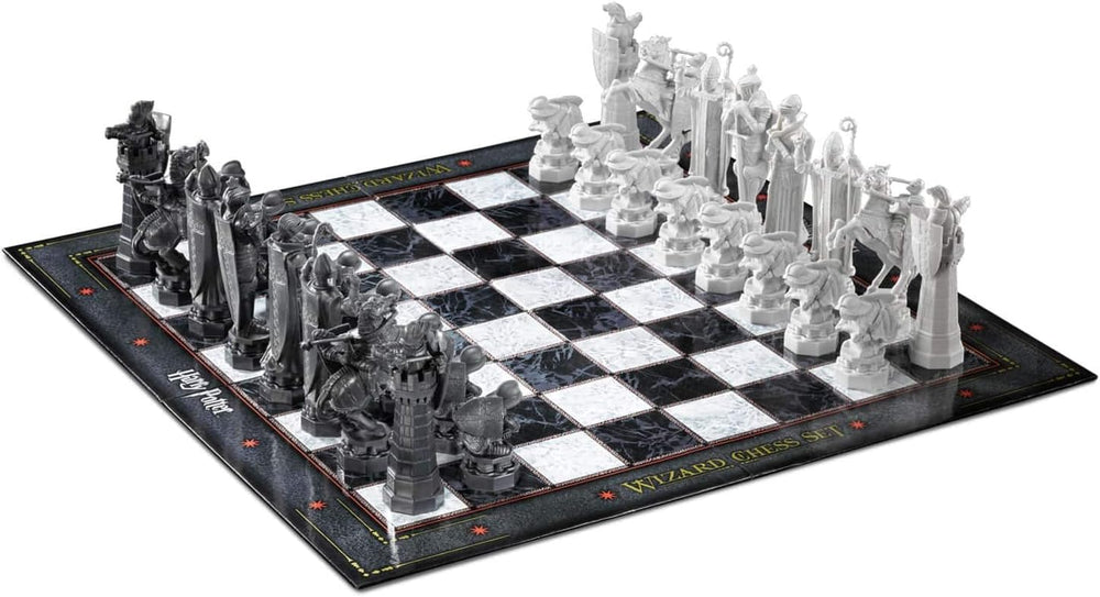 Harry Potter Wizard Chess Set by Noble Collection featuring detailed chess pieces on a black and white board.
