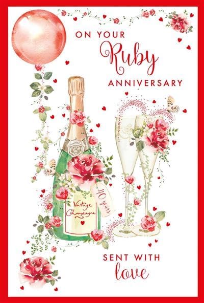 NQ 40th Milestone Ruby Anniversary Card with champagne, flowers, balloon, and foil finish, eco-friendly design for 40 years celebration